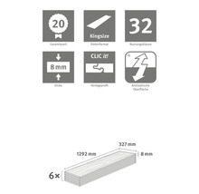 Informationen zu Garantiezeit, Dielenformat, Nutzungsklasse, Dicke, Verlegeprofil und antistatischer Oberfläche. Sechs Dielen mit den Maßen 1292 mm x 327 mm x 8 mm.