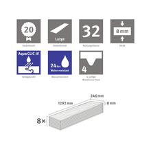 Informationen zu Laminat: 20 Jahre Garantie, Dielenformat Large, Nutzungsklasse 32, 8 Millimeter Dicke, Aqua Clic it Verlegeprofil, 24 Stunden wasserresistent, vierseitige Woodvision Fase, acht Dielen mit den Maßen 1292 mal 246 mal 8 Millimeter.