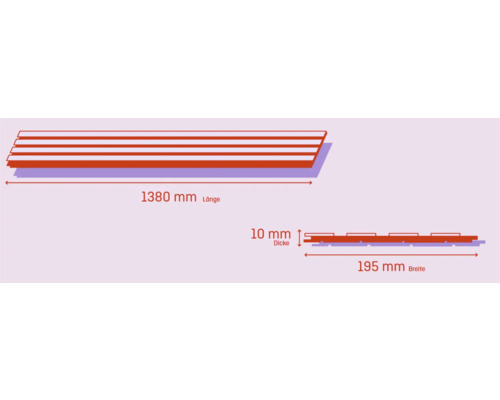 Illustration zeigt Maße einer Paneele: 1380 Millimeter Länge, 195 Millimeter Breite und 10 Millimeter Dicke.