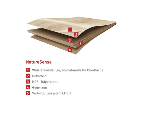 Nature Sense Laminat Querschnitt mit Oberflächen-, Dekor-, Träger-, Gegenzug- und Verbindungsschicht.
