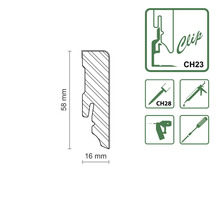 Profilleiste mit den Maßen 58 mm x 16 mm sowie Symbole für Befestigungsmethoden