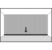 Raumdarstellung mit vertikal gestreifter Wand und Pfeil nach unten