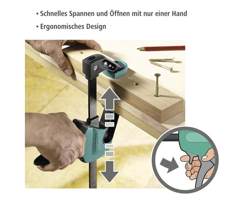 Wolfcraft Einhandzwinge im Einsatz an einem Werkstück