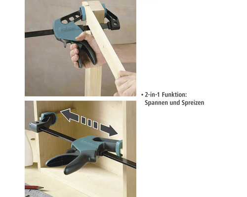 Wolfcraft Einhandzwinge im Einsatz zum Spannen und Spreizen von Holzwerkstücken.
