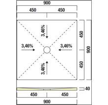 Technische Zeichnung einer Duschwanne mit Abmessungen