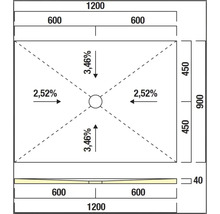 Technische Zeichnung einer Duschwanne mit Abmessungen und Gefälleangaben