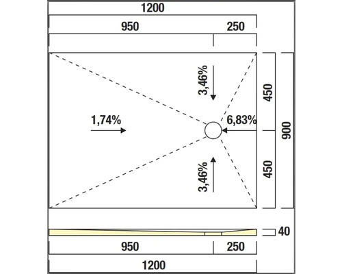 Technische Zeichnung einer Duschwanne mit Maßangaben