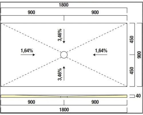 Technische Zeichnung einer Duschwanne mit Maßangaben