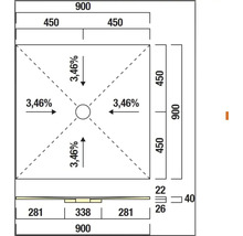 Technische Zeichnung einer Duschwanne mit Abmessungen