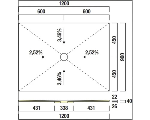 Technische Zeichnung einer Duschwanne mit Maßen