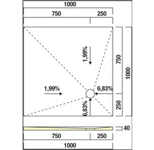 Technische Zeichnung einer Duschwanne mit Maßen