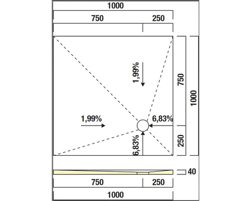 Technische Zeichnung einer Duschwanne mit Maßen