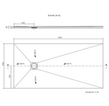 Technische Zeichnung einer Duschwanne mit Maßen.