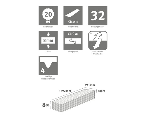 Informationen zu Laminat: Garantiezeit 20 Jahre, Dielenformat Classic, Nutzungsklasse 32, Dicke 8 mm, Verlegeprofil Clic it!, Antistatische Oberfläche, 4-seitige Woodvision Fase, 8 Dielen, Maße 1292 x 193 x 8 mm