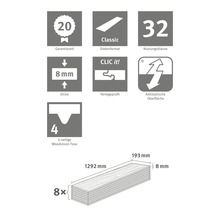 Produktinformationen zu Laminat: Garantiezeit 20 Jahre, Dielenformat Classic, Nutzungsklasse 32, Dicke 8 Millimeter, Verlegeprofil Clic it, antistatische Oberfläche, vierseitige Woodvision Fase, acht Dielen pro Packung, Dielenlänge 1292...