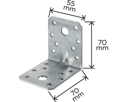 Winkelverbinder mit den Maßen 55 mm mal 70 mm mal 70 mm.