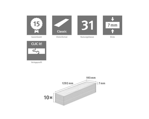 15 Jahre Garantie, Nutzungsklasse 31, 7 Millimeter Dicke, CLIC it System, klassisches Dielenformat, Maße 1292 mal 193 Millimeter, 10 Stück.