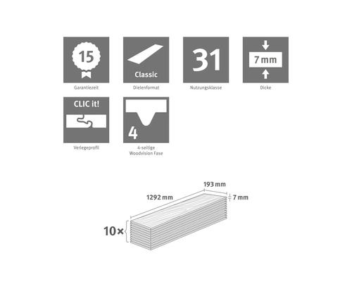15 Jahre Garantie, Klasse 31, 7 Millimeter Dicke, Profil CLIC it, 4-seitige Woodvision Fase. 1292 Millimeter Länge, 193 Millimeter Breite, 10 Stück.