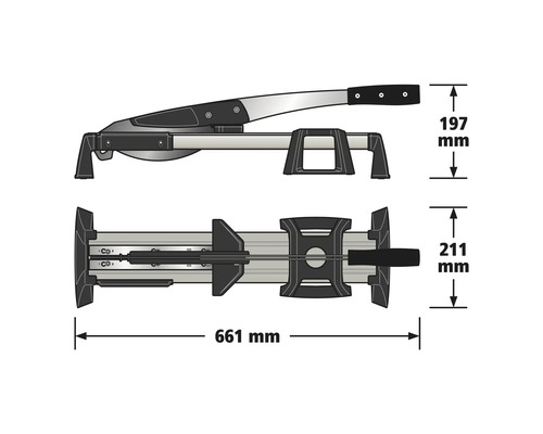 Laminatschneider mit Maßangaben: Länge 661 Millimeter, Höhe 197 Millimeter und Breite 211 Millimeter.