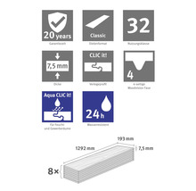 Details: 20 Jahre Garantie, Nutzungsklasse 32, 7,5 Millimeter Dicke, CLIC it, 24 Stunden wasserresistent, 8 Stück, 1292 mal 193 Millimeter.