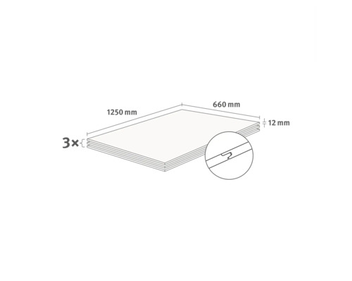 Technische Zeichnung von drei Platten, Maße 1250 Millimeter mal 660 Millimeter mal 12 Millimeter, mit Nut-Feder-Verbindung.