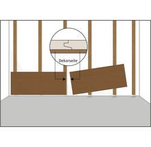Illustration der Wandpanelmontage auf einer Holzunterkonstruktion mit Detailansicht der Nut-Feder-Verbindung und Kennzeichnung der Dekorseite.