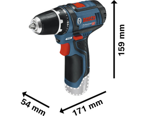 Bosch Professional Akku-Bohrschrauber GSR 10,8 Volt-15 mit Abmessungen 171 Millimeter Länge, 159 Millimeter Höhe und 54 Millimeter Breite.