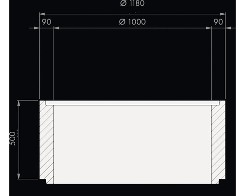 Technische Zeichnung Schachtring: Außendurchmesser 1180 Millimeter, Innendurchmesser 1000 Millimeter, Höhe 500 Millimeter.