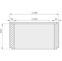 Technische Zeichnung eines Schachtrings mit Außendurchmesser 980, Innendurchmesser 800, Wandstärke 90 und Höhe 500 Millimetern.