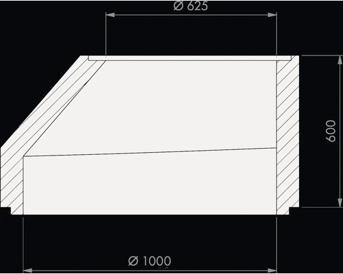 Exzentrischer Schachtkonus aus Beton, oberer Durchmesser 625 Millimeter, unterer Durchmesser 1000 Millimeter, Bauhöhe 600 Millimeter.