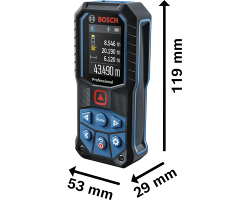 Bosch Logo auf Bosch Professional Laserentfernungsmesser. Maße: 119 Millimeter hoch, 53 Millimeter breit, 29 Millimeter tief.