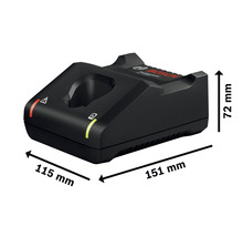 Bosch Ladegerät mit den Maßen 115 mm mal 151 mm mal 72 mm