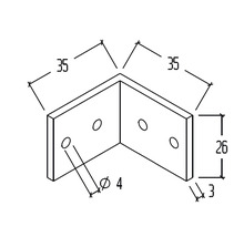 Technische Zeichnung eines Winkelverbinder mit den Maßen 35 x 26 x 3 mm und Bohrungen mit einem Durchmesser von 4 mm.