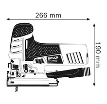 Abbildung der Stichsäge mit Maßangaben 266 mm Breite und 190 mm Höhe