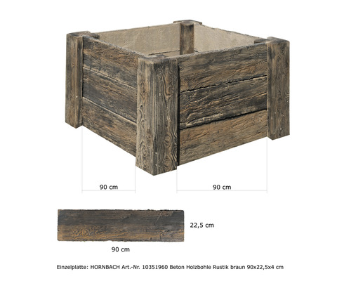 Blumenkasten aus Beton in Holzoptik mit den Maßen 90 x 90 Zentimeter