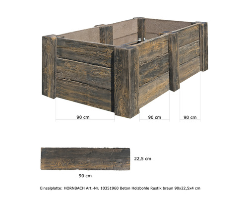 Beton-Hochbeet in Holzoptik mit Maßangaben