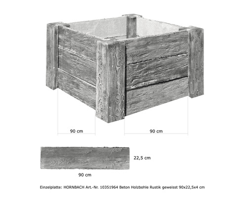 Quadratischer Pflanzkasten aus Beton in Holzoptik mit Maßangaben