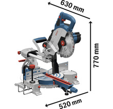 Kapp- und Gehrungssäge mit den Maßen 630 mm Breite, 770 mm Höhe und 520 mm Tiefe.
