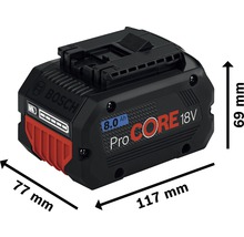 Bosch ProCore 18V 8.0 Ah Akku mit den Maßen 77 mm x 117 mm x 69 mm