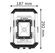 Bosch Baustrahler Abmessungen: 187 mm breit und 292 mm hoch.