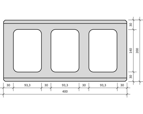 Betonhohlblock mit Maßen 400 x 200 mm als technische Zeichnung