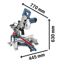 Kapp- und Gehrungssäge mit den Maßen 770 mm, 630 mm und 445 mm.