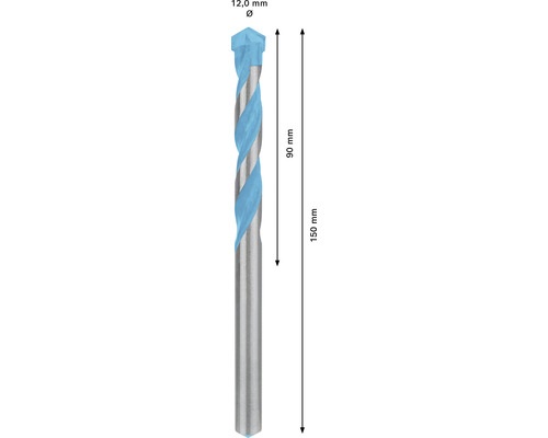 Bohrer mit einem Durchmesser von 12 Millimetern, 150 Millimeter Gesamtlänge und 90 Millimeter Bohrlänge.