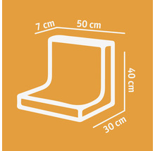 Illustration der Abmessungen eines Eckpolsters: 7 cm x 50 cm x 40 cm x 30 cm