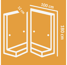 Technische Zeichnung einer Duschkabine mit Maßangaben: 12 cm, 100 cm und 180 cm