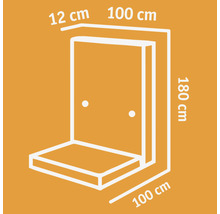 Skizze einer Duschkabine mit Maßangaben: 12 cm, 100 cm und 180 cm.