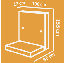 Abmessungen einer Duschbank: 12 cm Tiefe, 100 cm Breite, 155 cm Höhe, 85 cm Länge