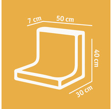 Illustration eines Eckpolsters mit den Maßen 50 x 30 x 40 cm und einer Stärke von 7 cm.