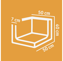Technische Zeichnung eines Möbelelements mit den Maßen 50 cm x 50 cm x 40 cm und einer Wandstärke von 7 cm.