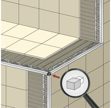 Illustration eines Raumes mit Fliesen und Fliesenschienen sowie einer vergrößerten Ecke.